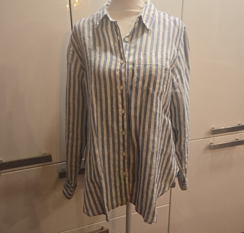 L.L. Bean 100% Linen Striped Nautical Long Sleeve Button Down Shirt Medium